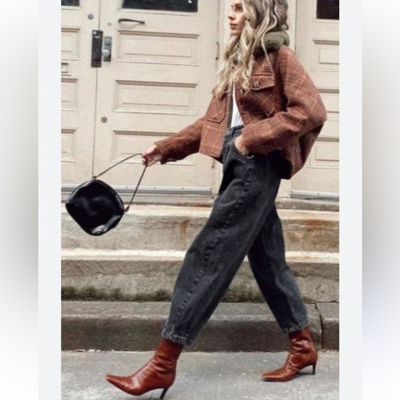 Vintage Funnel Neck Cropped Brown Plaid Jacket Coat - Picture 2 of 10